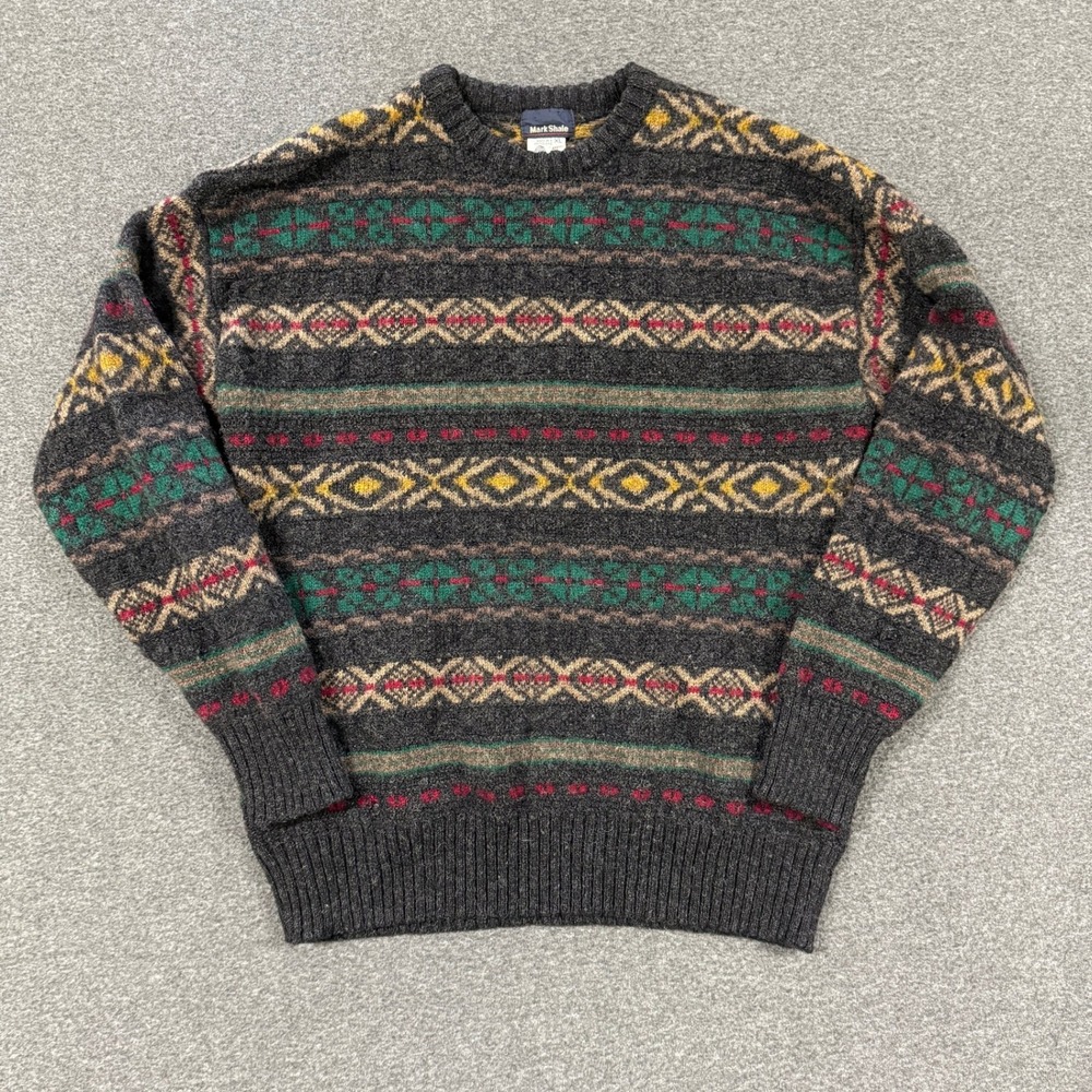 Vintage Mark Shale Fair Isle Wool Sweater Mens XL Gray Good Knit Coogi Style 3D